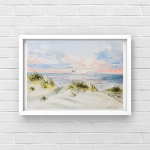 Dipinto ad acquerello originale Nuvole rosa sul mare 7"x10" dipinto murale con paesaggio marino Arte originale Arte murale Dipinto originale