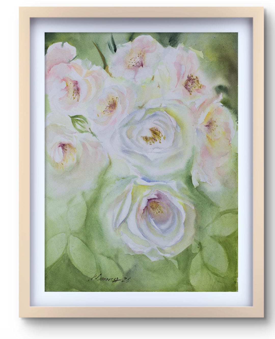 Original Watercolor Painting White Pink Garden Roses 11x15 Floral Wall ...