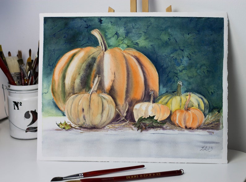 Original Watercolor Painting Pumpkin Family 12x16 Still Life Original