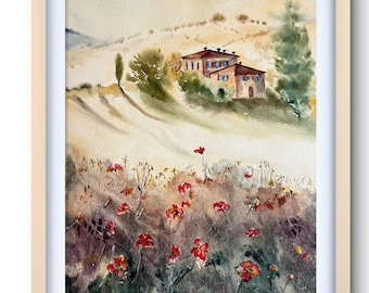 Original Tuscany Landscape Watercolor Painting: Italian Countryside Art (11x15)