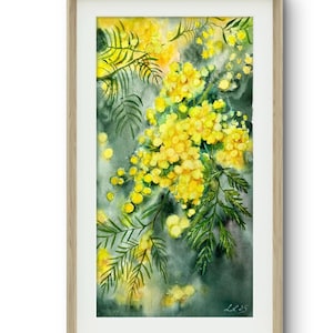 Dipinto ad acquerello originale Mimosa in fiore, Arte murale botanica, Regalo di nozze, Dipinto di fiori primaverili, Regalo per la mamma, Disegno di mimosa
