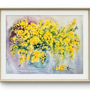 Dipinto originale ad acquerello di grandi dimensioni Mimosa 14,7"x20", arte murale botanica, regalo di nozze, dipinto di fiori primaverili, regalo per la mamma, disegno di mimosa
