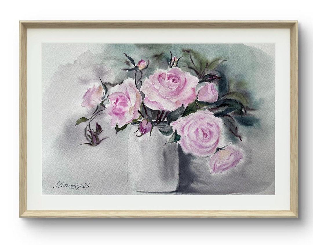 Original Pink Roses Watercolor Painting – Floral Still Life Art 9.4"x15 ...