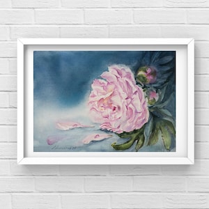 Peonia che perde petali 11"x15" Dipinto ad acquerello originale, opera d'arte ad acquerello originale, arte murale con peonie, regalo personalizzato