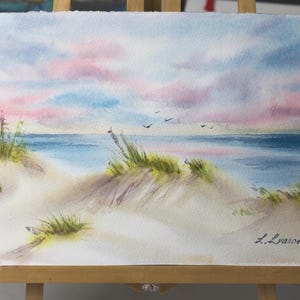 Original Watercolor Seascape Painting: Coastal Art, Pink Clouds (7x10)