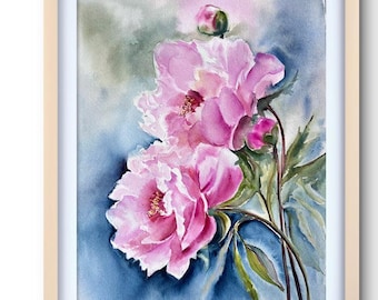 Rosa Pfingstrosen Blüte Original Aquarell Blumen Malerei 12 "x 16" Sommer Blumen Wandkunst