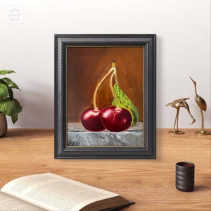Original oil artwork Two Cherries 6"x 7,87" cherries painting, still life art, fruits wall art, personalized gifts
