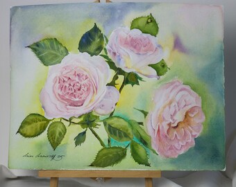 オリジナルのピンクのバラの水彩画：花のボタニカルアート（13.7x19.5