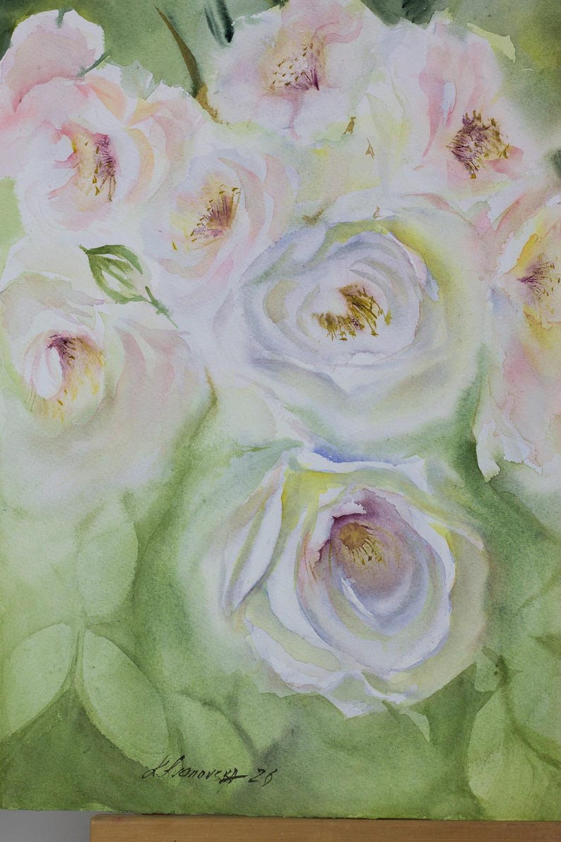 Original Watercolor Painting White Pink Garden Roses 11x15 Floral Wall ...