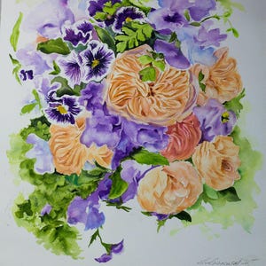 Dipinto ad acquerello originale, rose color pesca e fiori lilla 15"x20", arte floreale da parete, regalo per la festa della mamma, arte floreale da giardino