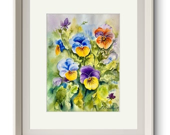 ブルーパンジー水彩画庭園複製 - Etsy 日本