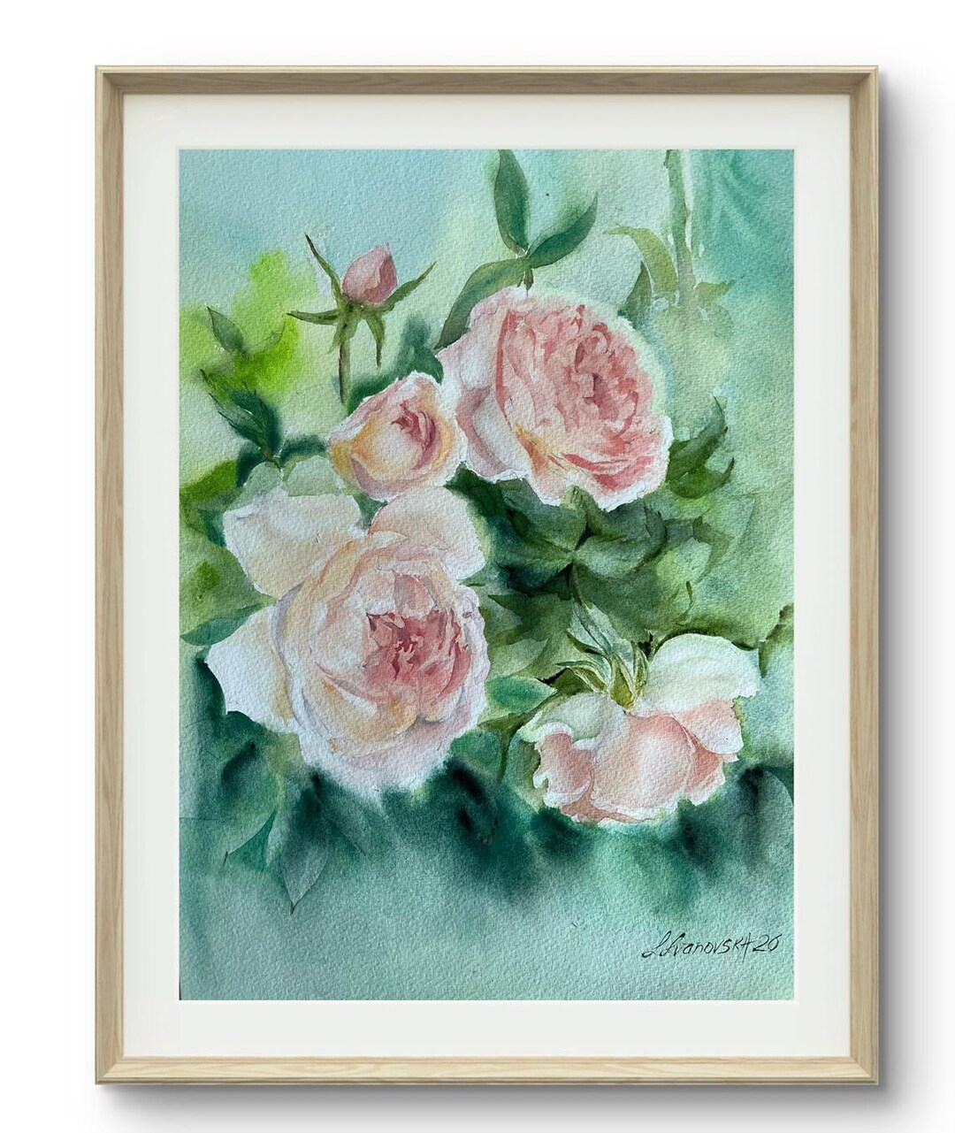 Original Watercolor Painting Pink Peach Roses, English Roses Floral ...