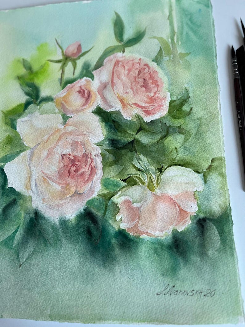 Original Watercolor Painting Pink Peach Roses, English Roses Floral ...
