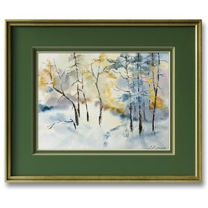Aquarel sneeuwlandschap, origineel aquarelschilderij 9 x 12 inch A4-formaat Origineel kunstwerk Winter aquarel schilderij Bomen schilderen