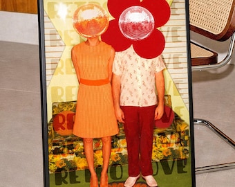 Disco Head Couple Poster: Retro Surreal Love Art Print (Digital Download)