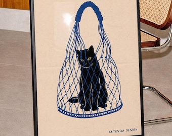 Black Cat Tote Print: Minimalist Animal Illustration, Retro Pet Decor (Digital Download)