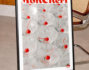 Mon Chéri Cherry Cocktail Glass Art Print, Retro Bar Kitchen Decor (Digital Download)