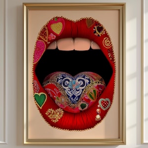 Maximalist Poster, Herz Zunge Poster, Pop Art Wohnkultur, moderne eklektische Kunst, rote Wand, trendige Lippen Kunst, flippiges Poster, Dopamin Dekor