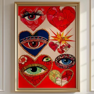 Maximalistisches Herz und Auge Poster - Eklektische, skurrile Kunst, surreale Details, lebendige Farben Kunst, funky Poster, Dopamin-Dekor, rote Wandkunst