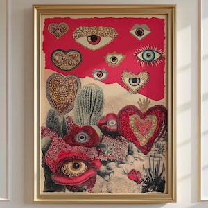 Sacred Heart Surreal Print, Kaktus Poster, Dopamin Decor, Mutiges Symbolisches Collage Decor, Maximalist Art, Schlafzimmer Wand Dekoration, Trendy Art Print