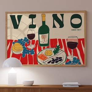 Póster de verano, arte mural rojo, póster de vino, decoración de dopamina, póster de cena, decoración de pared de cocina, póster de casa de verano, póster retro psicodélico