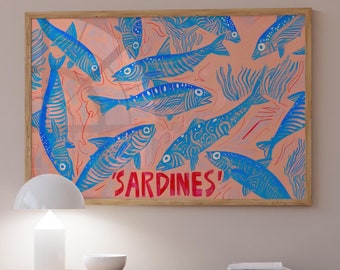 Retro Sardines Art Print: Kitchen Wall Decor, Maximalist Poster