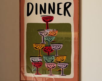 Dinner Wall Art: Colorful Wine Print, Mid Century Dining Poster, Modern Kitchen Decor