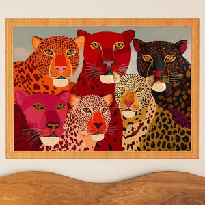 A vibrant maximalist illustration featuring a group of stylized leopards and panthers in bold red, orange, pink, and black tones. The artwork highlights expressive eyes, graphic patterns, and rich color contrasts, creating a striking statement piece inspired by modern folk art, dopamine decor, and eclectic interiors.Leopard Wall Art, Trendy Art Print, Big Cat Poster, Colorful Animal Art, Maximalist Decor, Wild Cat Design, Eclectic Home Art, Modern Folk Style, Red Aesthetic Poster, Dopamine Decor