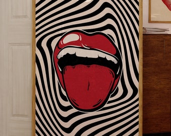 Retro Tongue Poster, 70s Psychedelic Lips, Bold Rock Graphic, Vintage Statement Piece, Iconic Visual