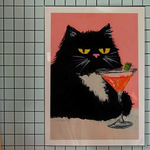 ブラックウォールアート、面白い猫のプリント、トレンディなアートプリント、ブラックネコ科のポスター、猫好きへのギフト、キッチンの壁飾り、バーカートの装飾、カクテルポスター