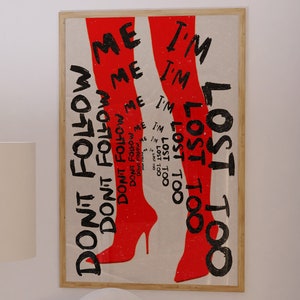Red Shoes Poster, Retro 70s Typography, Abstract Text Composition, Bold Graphic Visual, Conceptual Statement
