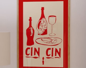 Retro Wine Poster, Kitchen Decor Print, Red Minimal Bar Design, Vintage Dining Style, Cocktail Theme