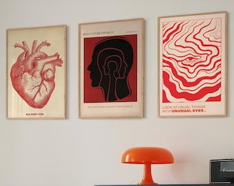 Red Psychedelic Wall Art Print Set: 70s Retro Decor (Digital Download)