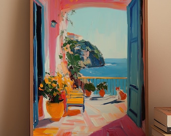 Mediterranean Balcony Print: Coastal Cat Art (Digital Download)