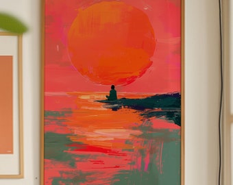 オレンジ色の夕日のウォールアート、レトロキッチュなプリント（デジタルダウンロード）