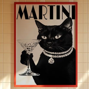 黒猫のポスター、黒の壁アート、レトロなバーの装飾、マティーニのポスター、カクテル愛好家へのギフト、猫愛好家へのギフト、美的アート、ラウンジバーの壁アート
