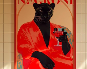 Panther Negroni Cocktail Print: Retro Maximalist Bar Decor (Digital Download)