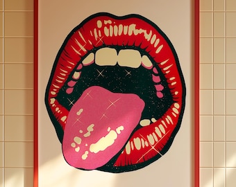 Poster pop-art lippen: gedurfd rood en zwart glamoureus decor (digitale download)