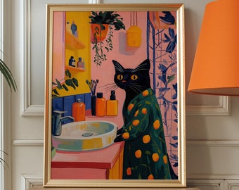 Black Cat Art Print: Matisse Inspired Bathroom Decor