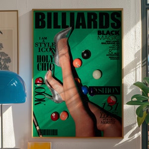 Könnte beinhalten: Ein Magazincover mit dem Titel "BILLIARDS" und den Worten "BLACK MAGIC" in großen, fetten Buchstaben. Das Cover zeigt die Beine einer Frau in hohen Schuhen auf einem grünen Billardtisch mit Billardkugeln.