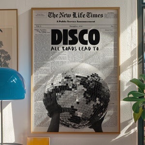 Discobalprint, zwarte muurkunst, poster spiegelbol, retro wanddecoratie, vintage muurkunst, trendy kunstprint, krantenposter, trippy poster