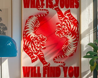 Red Tiger 70s Style Art Print: Psychedelic Retro Wall Decor