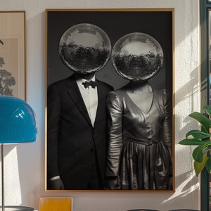Retro feestposter, barwagenafdruk, poster koppel, zwarte muurkunst, discobalafdruk, wanddecoratie slaapkamer, vintage poster, trendy kunstafdruk