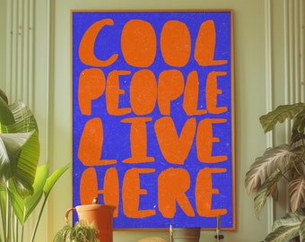 People Live Here Print, 70s Retro Typography, Orange & Blue (Digital Download)