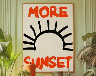 70s Sunset Poster: Black Line Art, Psychedelic Wall Decor (Digital Download)