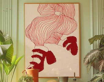Red Line Art Woman Poster: 70s Retro Print (Digital Download)