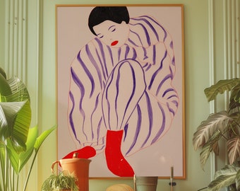 70s Woman Line Art Poster: Retro Red Wall Decor (Digital Download)