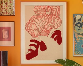 Red Line Art Poster: 70s Style Woman, Shoes Print