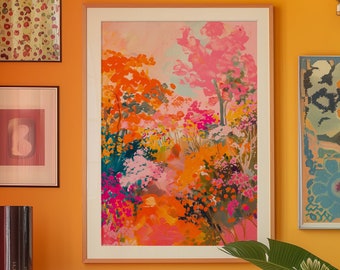 Orange Floral Wall Art: Kitsch Psychedelic Print