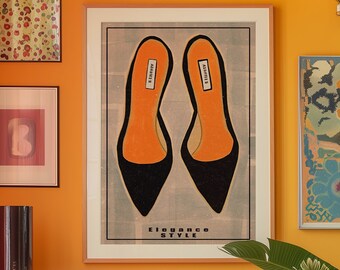 Schwarze Heels Line Art Poster: 70s Retro Woman Print